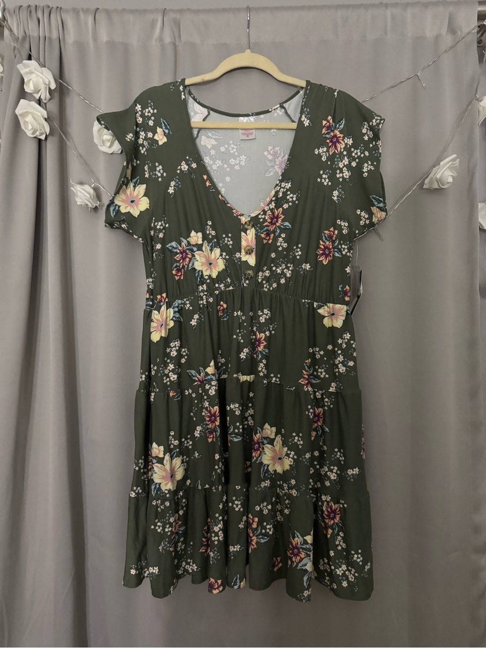 Olive Floral V-Neck Tiered Dress SUPER STRETCHY